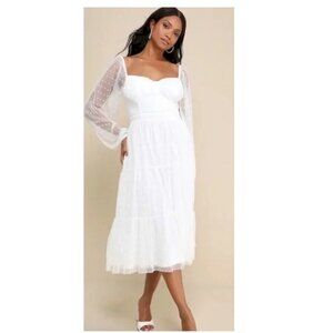 Lulus Affectionate Aura White Swiss Dot Tiered Bustier Midi Dress Size XL NWOT